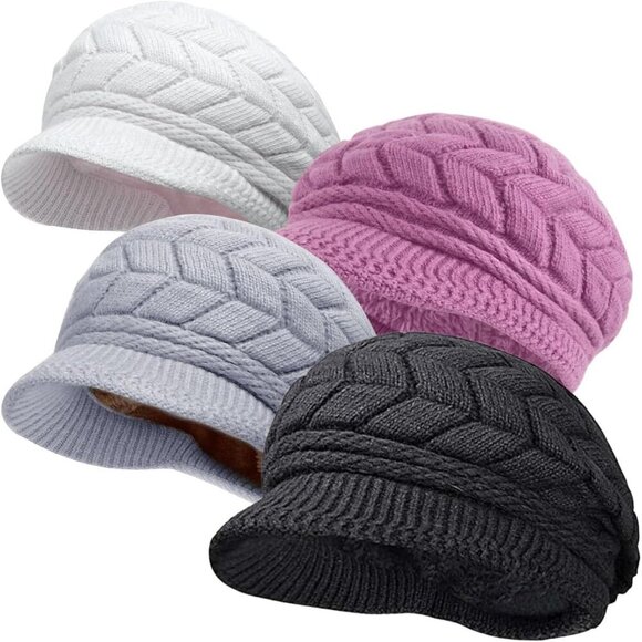Women\'s 4 Pack Pink Gray Purple Black Brim Wool Ski Winter Beanie Knit Hats Caps main image 7
